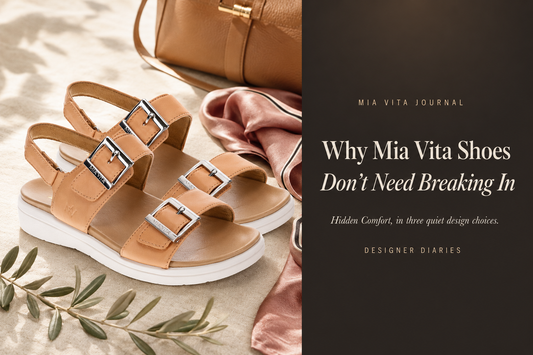 Mia Vita tan leather sandals on cream linen with a dusty rose silk scarf, tan handbag and olive sprig